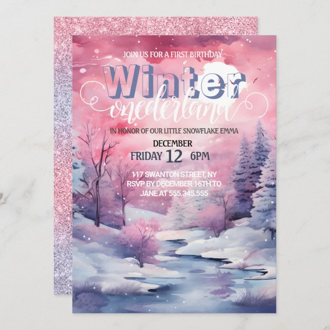 Winter Wonderland Pink Watercolor with Glitter Invitation (Front/Back)