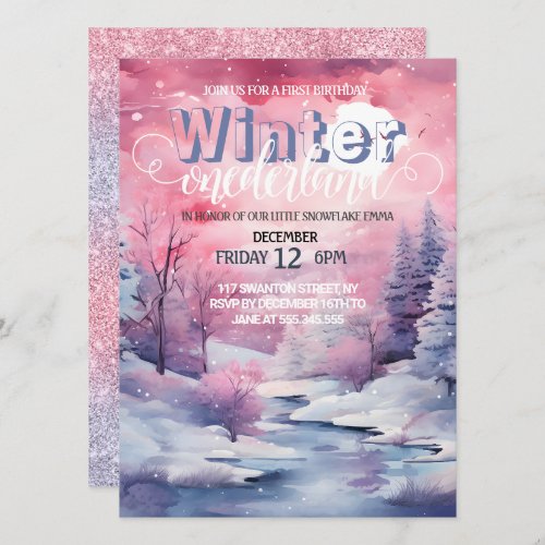 Winter Wonderland Pink Watercolor with Glitter Invitation