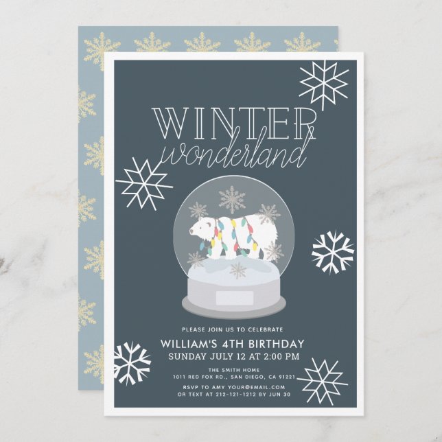 Winter Wonderland Polar Bear Navy Birthday Invitation (Front/Back)