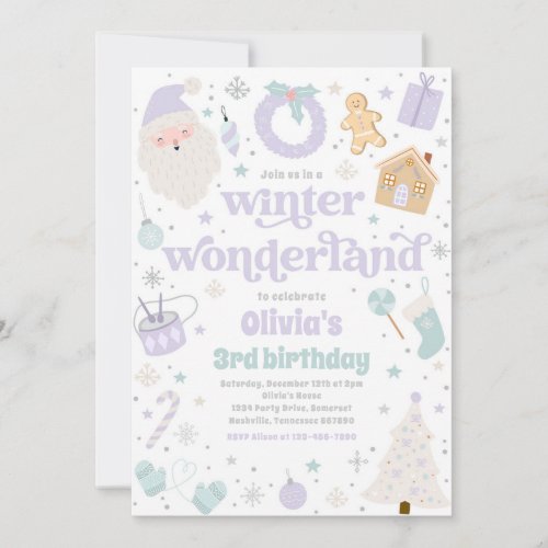 Winter Wonderland Purple Christmas Birthday Party Invitation