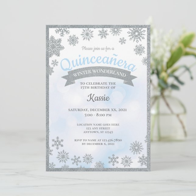 Winter Wonderland Quinceañera 15th Birthday Silver Invitation (Standing Front)