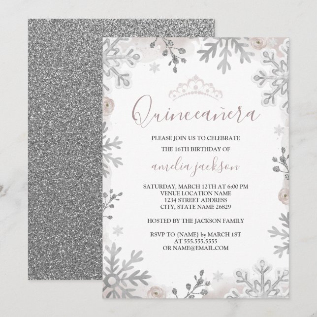Winter Wonderland Quinceanera Blush Silver Invitation (Front/Back)