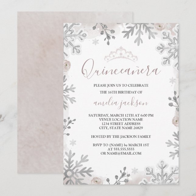 Winter Wonderland Quinceanera Silver Blush  Invitation (Front/Back)