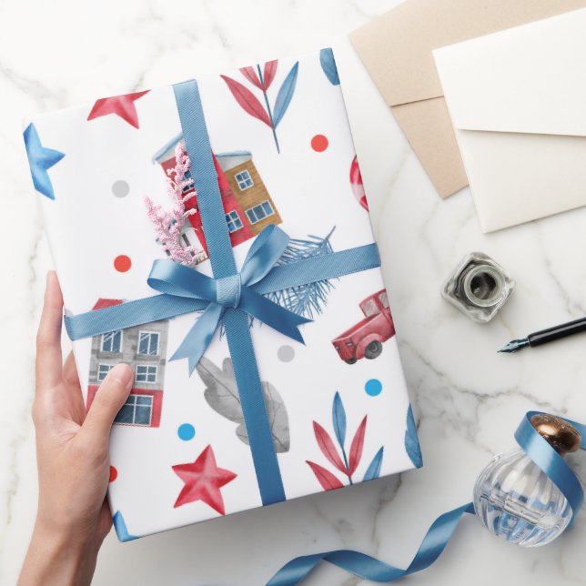 Winter Wonderland Red & Blue Cottage Wrapping Paper (Gifting)