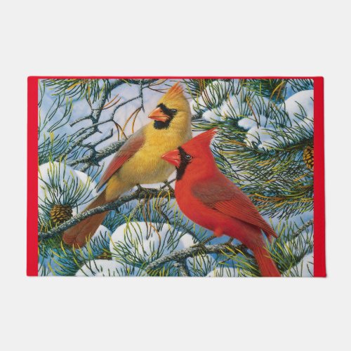 Winter Wonderland Red Cardinal Birds Christmas Doormat