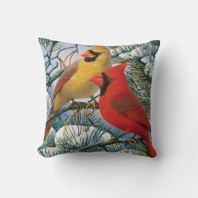 Winter Wonderland Red Cardinal Birds Christmas Throw Pillow (Front)