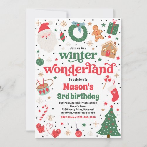 Winter Wonderland Red Christmas Birthday Party Invitation