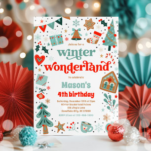Winter Wonderland Red Christmas Birthday Party Invitation