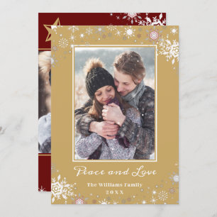 Winter Wonderland Red Gold Peace and Love 2 Photo Holiday Card