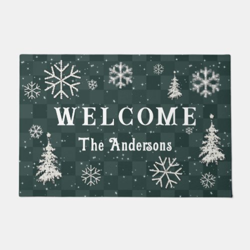 Winter Wonderland Rhinestone Green Checker Welcome Doormat