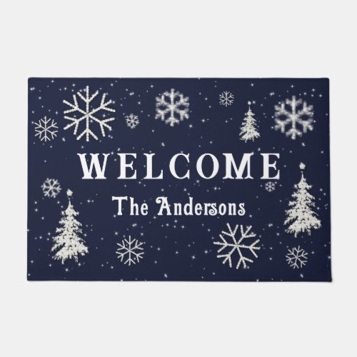 Winter Wonderland Rhinestones Navy Welcome Family Doormat