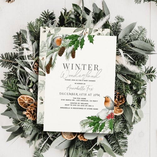 Winter Wonderland Robins & Snow Baby Shower Invitation