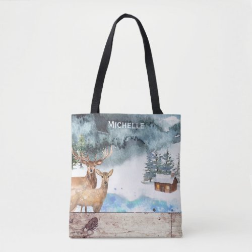 Winter Wonderland Rustic Forest with Name Tote Bag