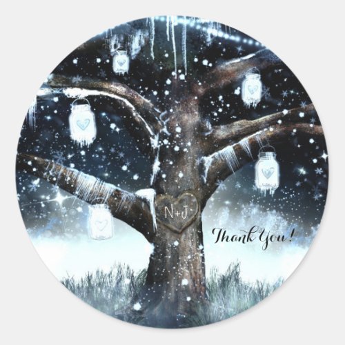 Winter Wonderland Rustic Tree Lights Mason Jars Classic Round Sticker
