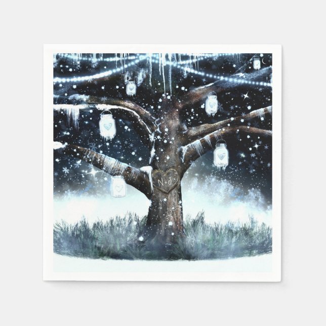Winter Wonderland Rustic Tree Lights Mason Jars Napkins (Front)