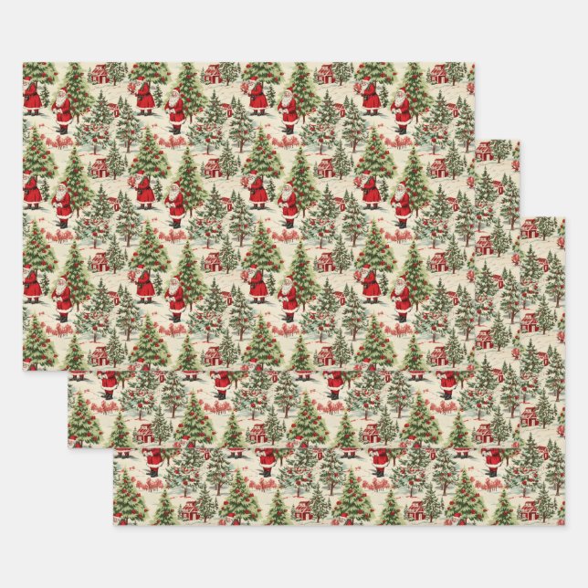 Winter Wonderland Santa and Christmas Trees 2 Wrapping Paper Sheets (Set)