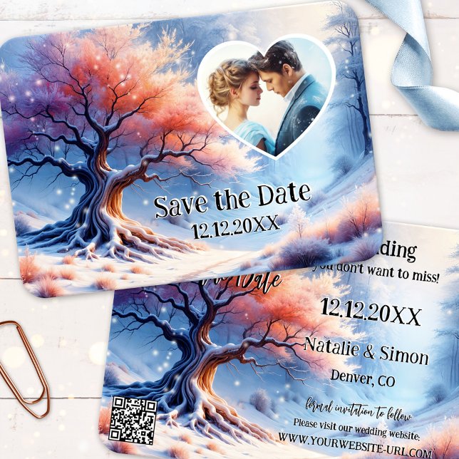 Winter Wonderland Save the Date Photo Announcement (Winter wonderland photo Save the Date card featuring a painting of a tree with fine snow flakes)