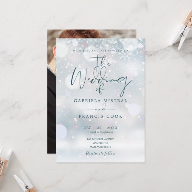 Winter Wonderland Script Snow Photo Wedding Invitation (Front/Back In Situ)