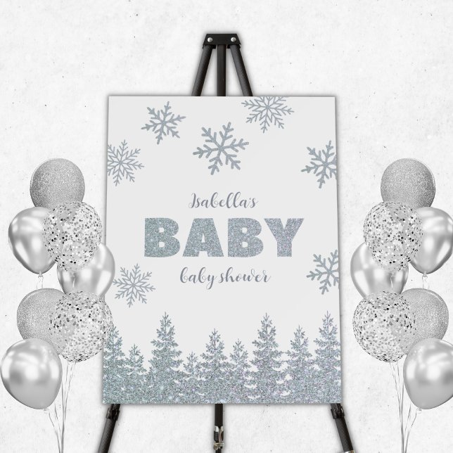 Winter Wonderland Silver Baby Shower Welcome Foam Board (winter baby shower welcome sign silver glitter winter wonderland woodland baby shower invitation )