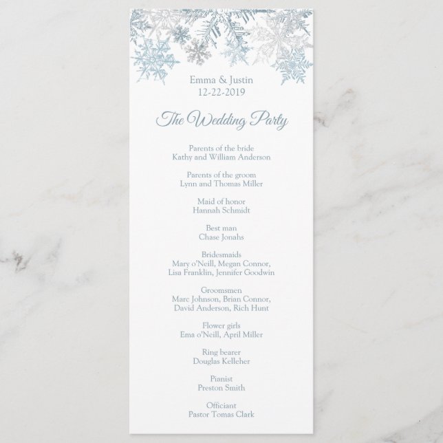 Winter Wonderland Silver Blue Snowflakes Wedding Program (Front)