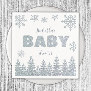 Winter Wonderland Silver Glitter Baby Shower Napkins