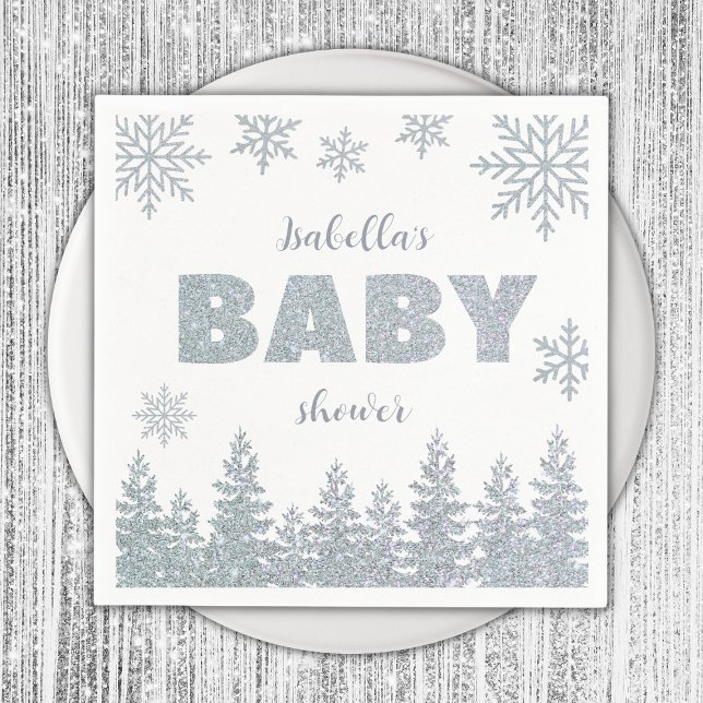 Winter Wonderland Silver Glitter Baby Shower Napkins (winter wonderland baby shower napkins silver glitter woodland)