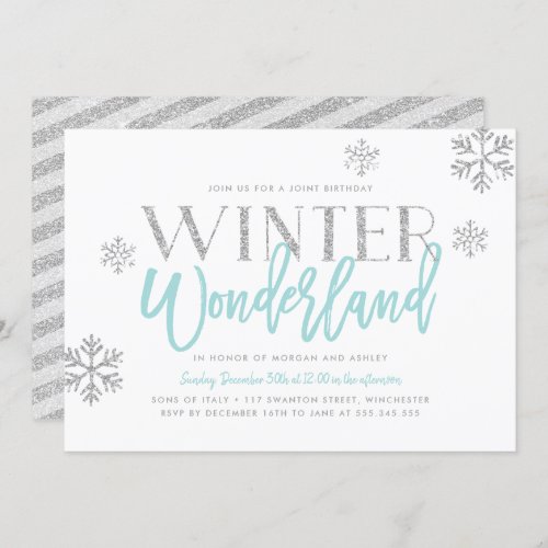 Winter Wonderland Silver Glitter Blue Birthday Invitation