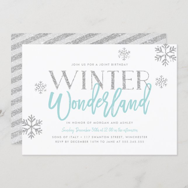 Winter Wonderland Silver Glitter Blue Birthday Invitation (Front/Back)