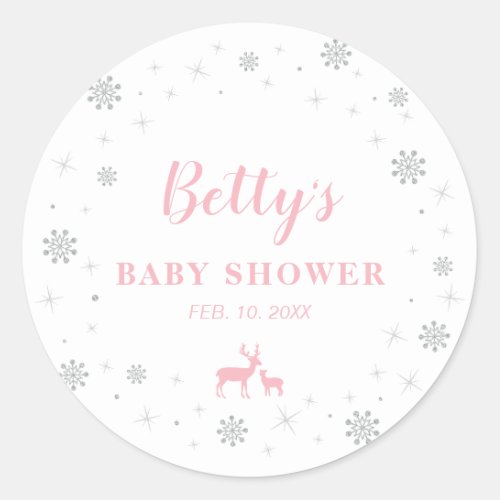 Winter wonderland Silver  Pink Baby Shower Classic Round Sticker