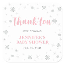 Winter wonderland, Silver & Pink Baby Shower Favor Square Sticker