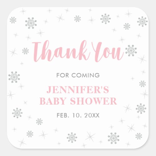 Winter wonderland Silver  Pink Baby Shower Favor Square Sticker