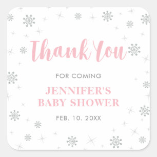 Winter wonderland, Silver & Pink Baby Shower Favor Square Sticker
