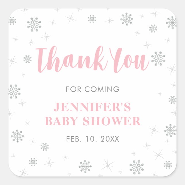 Winter wonderland, Silver & Pink Baby Shower Favor Square Sticker (Front)