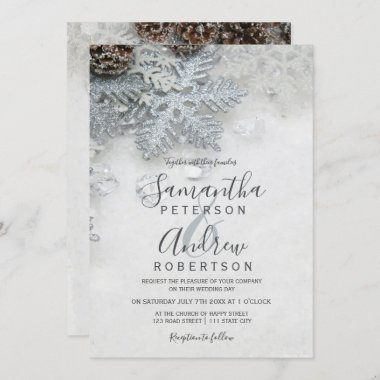 Winter wonderland silver snow typography wedding invitation