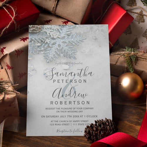 Winter wonderland silver snow typography wedding invitation