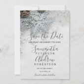 Winter wonderland silver snow typography wedding save the date (Front)