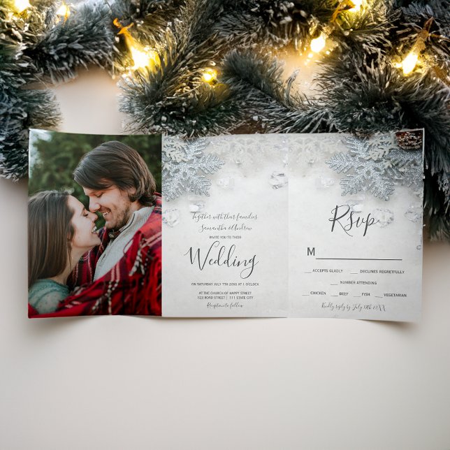 Winter wonderland silver snow typography wedding Tri-Fold invitation (Winter wonderland silver snow typography wedding Tri-Fold invitation)