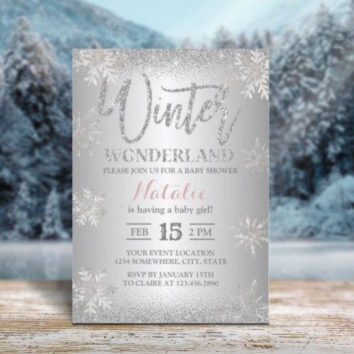 Winter Wonderland Silver Snowflakes Baby Shower Invitation