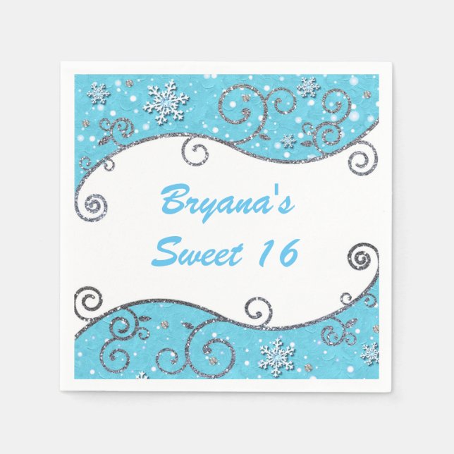 Winter Wonderland Silver Swirls Bright Blue Napkins (Front)