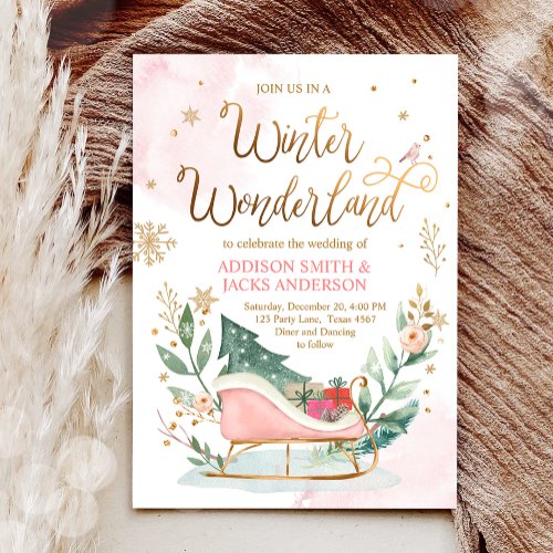 Winter Wonderland Sleigh Pink Gold Rustic Wedding Invitation
