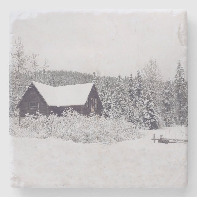 Winter Wonderland Snow and Cabin Scene Coaster (Front)
