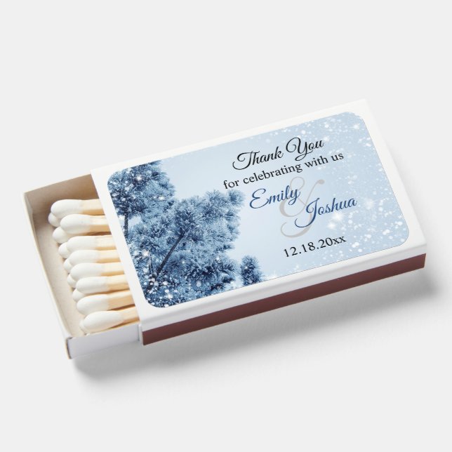 Winter Wonderland | Snow and Pine Wedding Favor Matchboxes (Front Open)