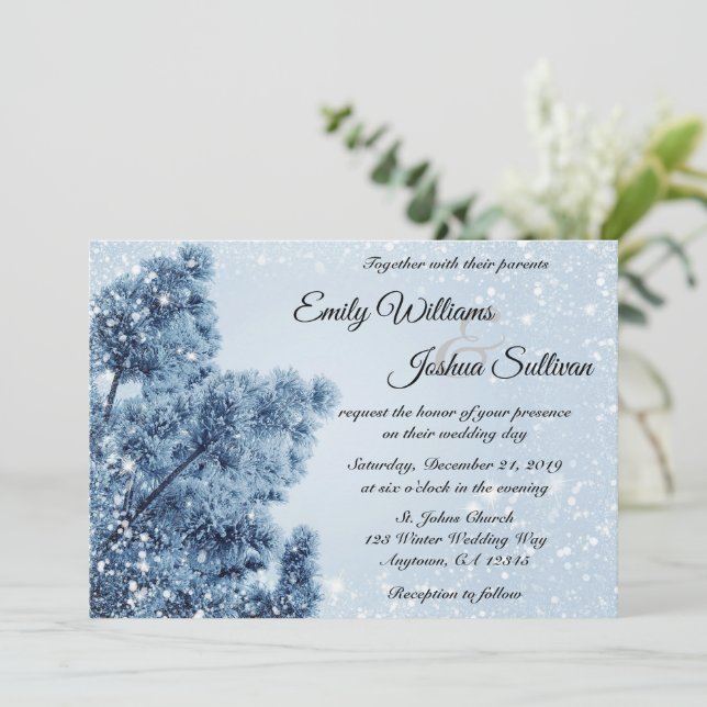 Winter Wonderland Snow and Pine Wedding Invitation (Standing Front)