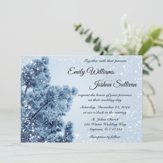 Winter Wonderland Snow and Pine Wedding Invitation (Standing Front)