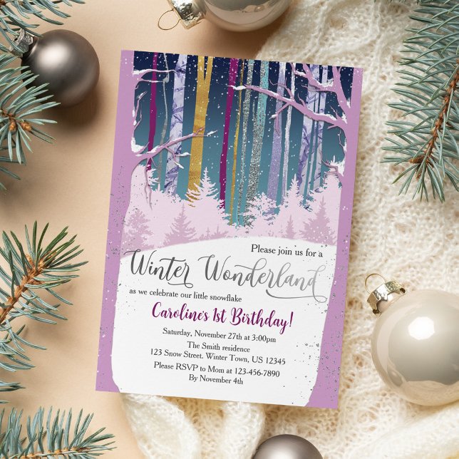 Winter Wonderland Snow Forest Purple Silver Photo Invitation (Creator Uploaded)