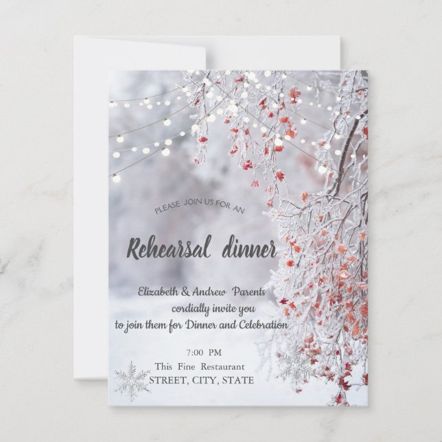Winter Wonderland,Snow Lights Rehearsal Dinner Invitation (Front)