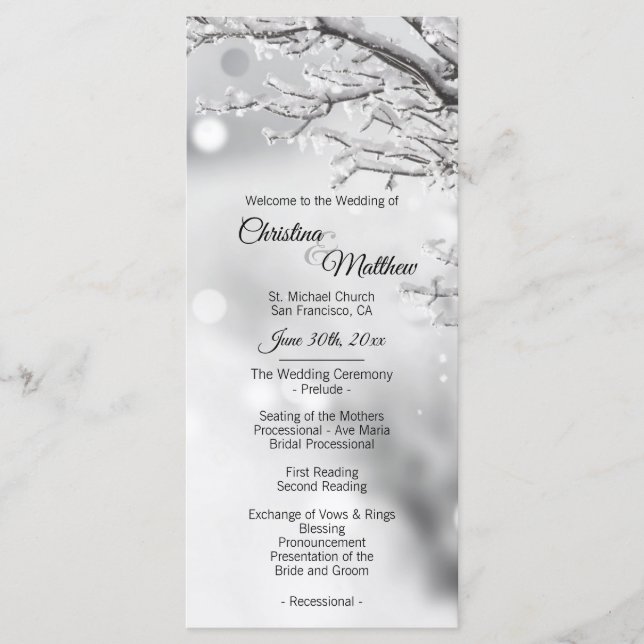 Winter Wonderland Snow Wedding Ceremony Program (Front)