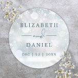 Winter Wonderland Snow Wedding Favor Classic Round Sticker<br><div class="desc">Elegant winter wonderland snow wedding sticker personalized with your names and special date. Designed by Thisisnotme©</div>