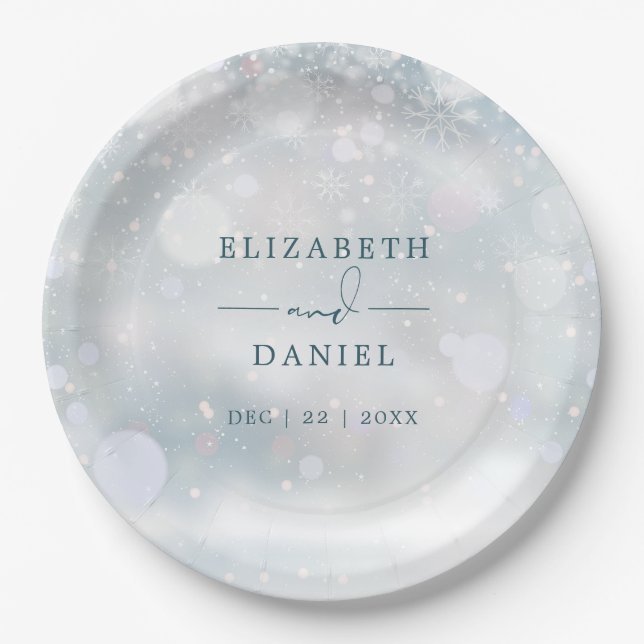 Winter Wonderland Snow Wedding Paper Plates (Front)