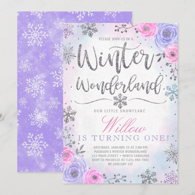 Winter Wonderland Snowflake Birthday Invitation (Front/Back)